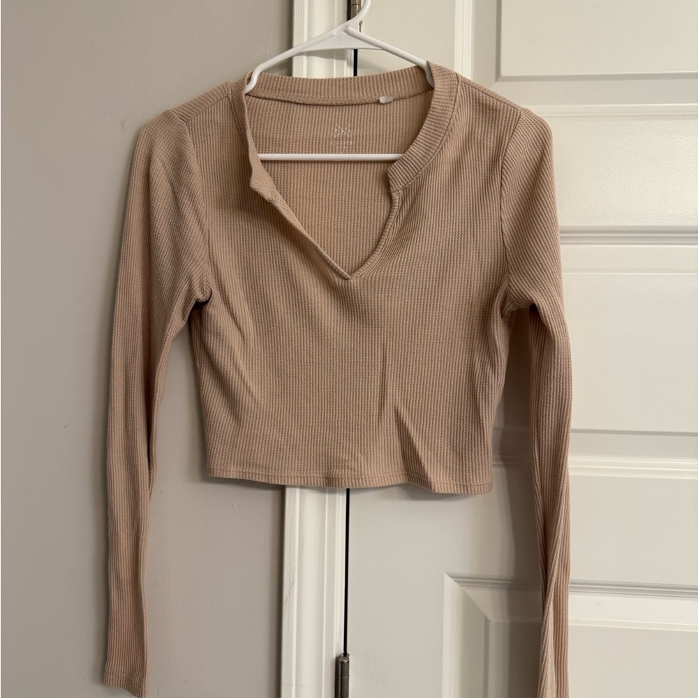 Women's Tan Ribbed Long Sleeve Top